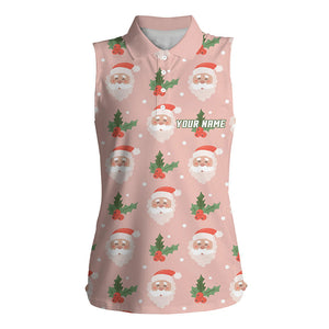 Santa With Holly On Pink Womens Sleeveless Polo Shirt Custom Cute Golf Shirts For Women Golf Gifts LDT0677