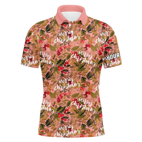 Watercolor Merry Christmas Pink Mens Golf Polo Shirt Custom Golf Shirt For Men Golf Gifts LDT0678