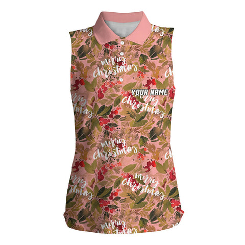 Watercolor Merry Christmas Pink Womens Sleeveless Polo Shirt Custom Golf Shirt For Women Golf Gifts LDT0678
