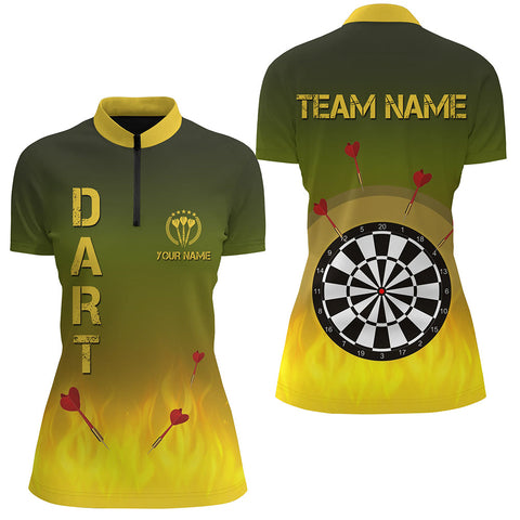 Gradient Green Yellow Fire Flame Darts Quarter Zip Shirts Custom Darts Jersey For Women LDT0407