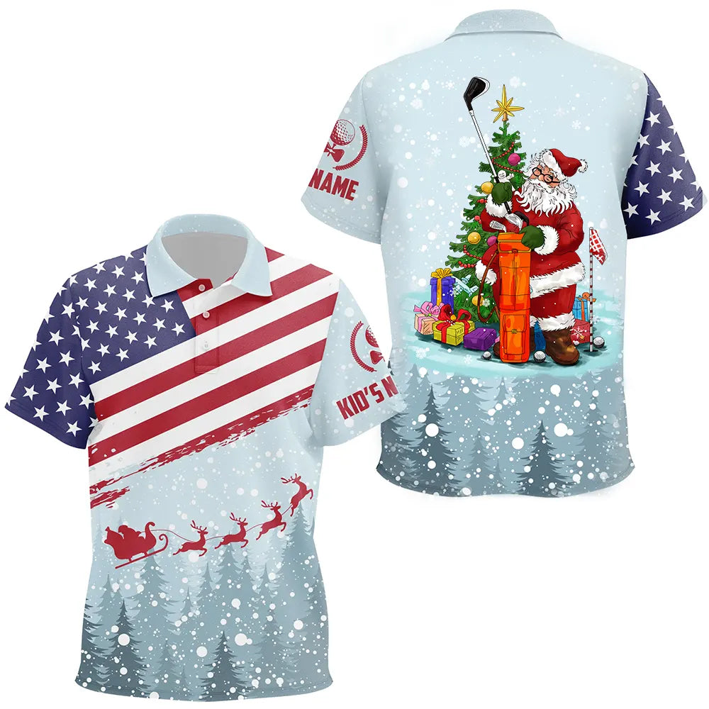 Christmas Usa Flag Golf Kids Polo Shirt Santa Golf Custom Winter Patriotic Golf Shirts For Kid LDT0941