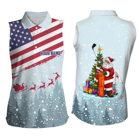 Christmas Usa Flag Women Sleeveless Polo Shirt Santa Golf Custom Winter Patriotic Golf Tops For Women LDT0941