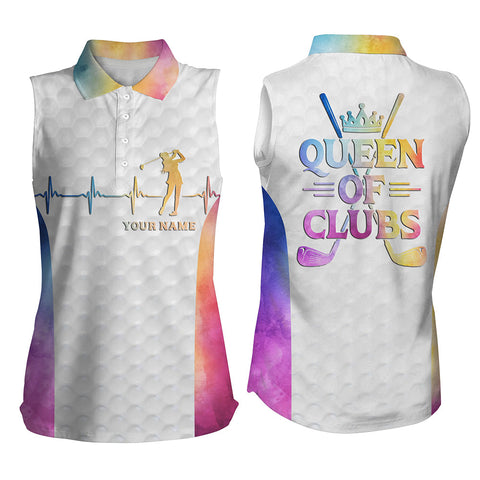 Queen Of Clubs Golf Sleeveless Polos Custom Heartbeat White Golf Shirts For Women Colorful Golf Top LDT0184