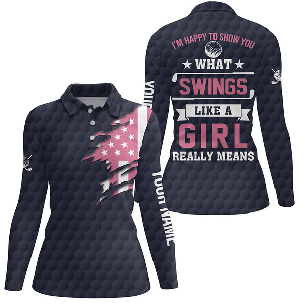 Im Happy To Show You What Swings Like A Girl Pink American Flag Patriotic Womens Golf Tops LDT0427