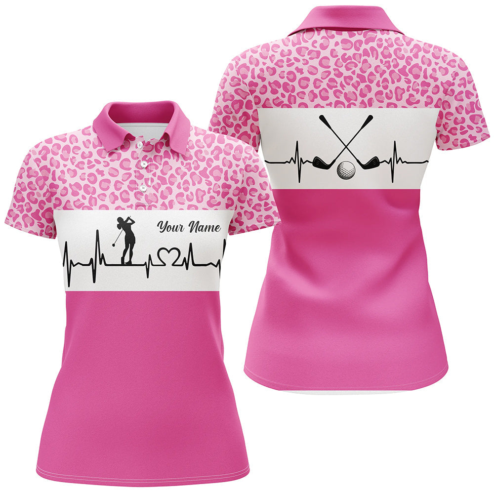 Pink Leopard Pattern Golf Girl Heartbeat Women Polo Shirt, Best Pink G