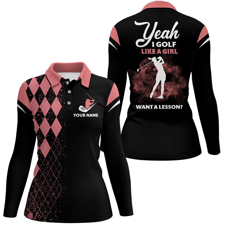 Pink Argyle Womens Golf Polo Shirts, Yeah I Golf Like A Girl Womens Go