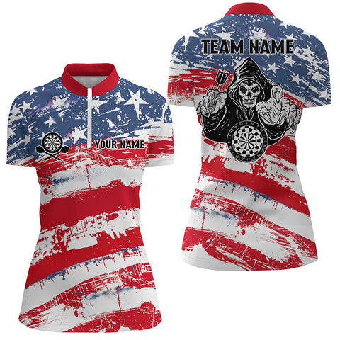 Retro American Flag Skull Darts Quarter-zip Shirt Custom Patriotic Darts Jersey For Women LDT0863