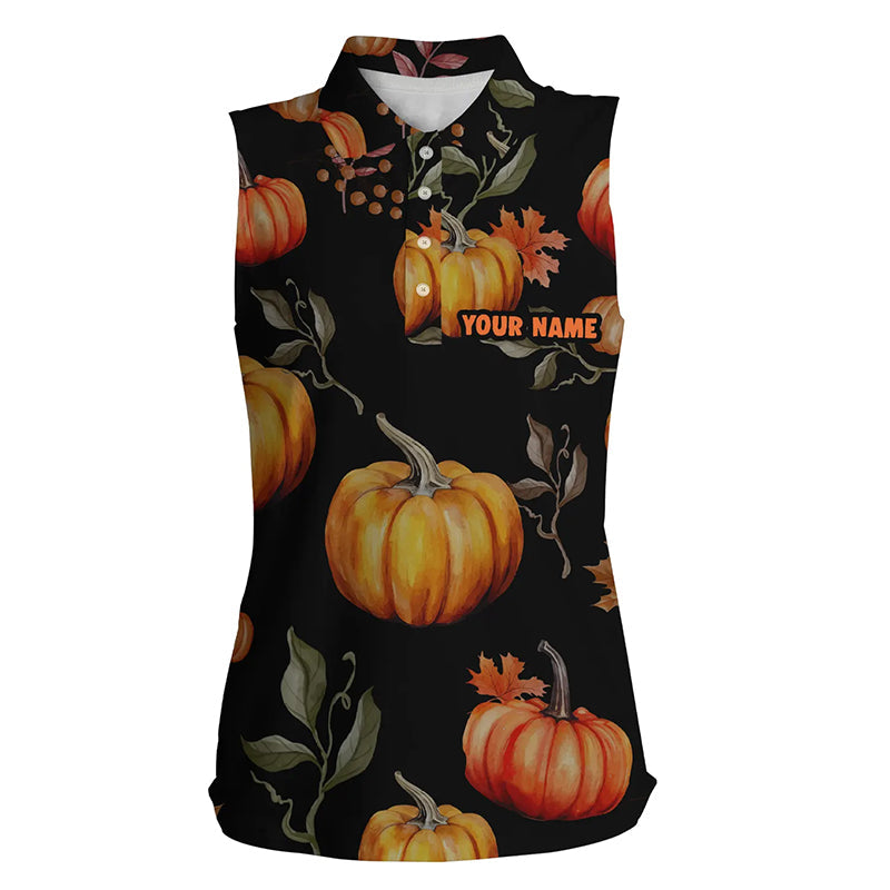 Watercolor Pumpkin Thanksgiving Womens Sleeveless Polo Shirt Custom Fall Pattern Golf Shirt For Women LDT0878