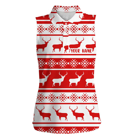 Christmas Seamless Pattern With Deer Red White Womens Sleeveless Polo Shirt Custom Women Golf Tops LDT0572
