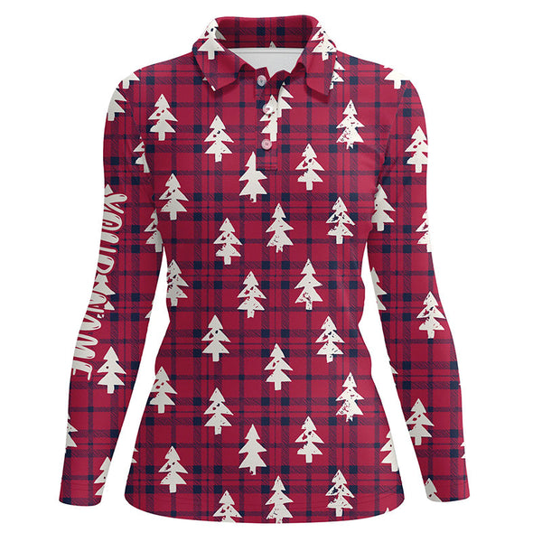 Red Checker Plaid Christmas Tree Womens Golf Polo Shirt Rustic Vintage Golf Shirts For Women LDT0584