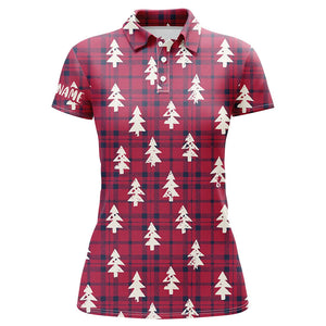 Red Checker Plaid Christmas Tree Womens Golf Polo Shirt Rustic Vintage Golf Shirts For Women LDT0584