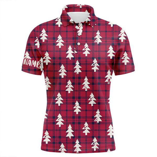 Red Checker Plaid Christmas Tree Mens Golf Polo Shirt Rustic Vintage Golf Shirts For Men LDT0584