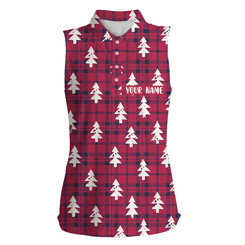 Red Checker Plaid Christmas Tree Womens Sleeveless Golf Polo Shirt Rustic Vintage Golf Tops For Women LDT0584