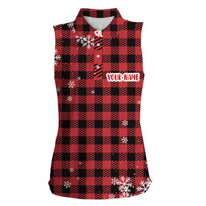 Christmas Snowflakes On Red Black Plaid Womens Sleeveless Golf Polo Personalized Golf Shirt For Women LDT0619
