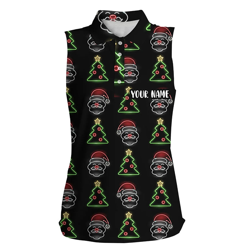 Neon Christmas Tree And Santa Womens Sleeveless Polo Shirts Custom Funny Golf Shirts For Women LDT0621