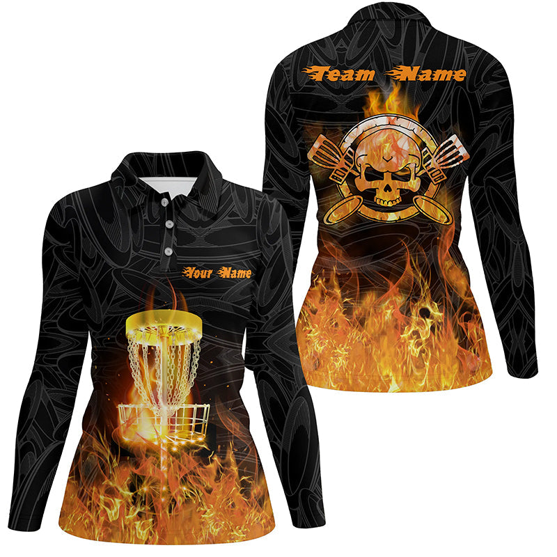 Fire Flame Disc Golf Polo Shirt Custom Orange Skull Disc Golf Shirts For Women Golf Gifts LDT0905