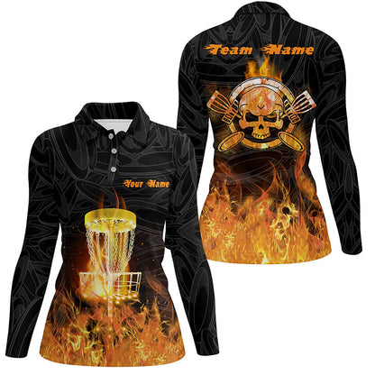Fire Flame Disc Golf Polo Shirt Custom Orange Skull Disc Golf Shirts For Women Golf Gifts LDT0905