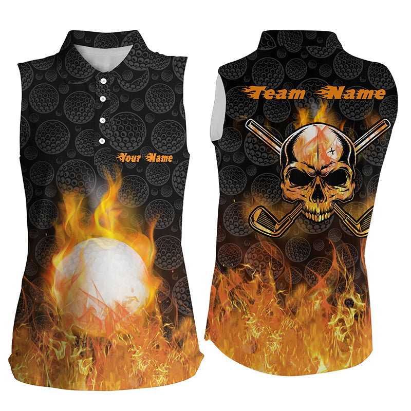 Fire Flame Golf Ball Womens Sleeveless Polo Shirt Custom Orange Skull