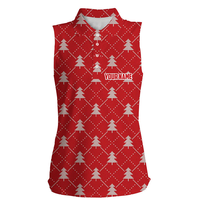 Christmas Trees Red Knitted Womens Sleeveless Golf Shirts Argyle Golf Shirts For Women Golfer Gifts LDT0642