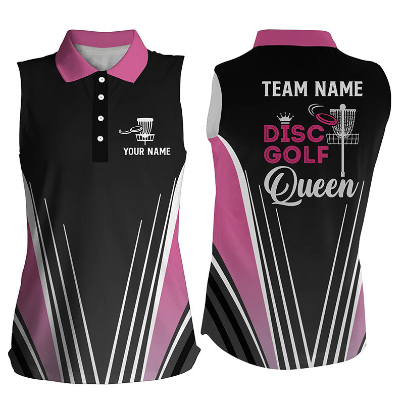 Disc Golf Queen Black Pink Womens Sleeveless Polo Shirt Custom Disc Golf Shirts For Women Golf Gifts LDT0909