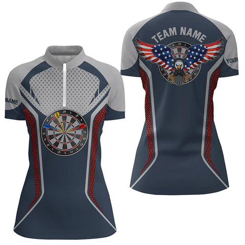 Personalized Darts Board American Flag Eagle Blue Grey Quarter Zip Shirt Women Dart Jersey LDT0364