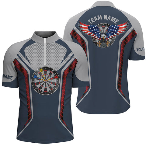 Personalized Darts Board American Flag Eagle Blue Grey Quarter Zip Shirt Mens Dart Jersey LDT0364