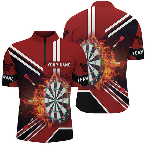 Black Red Flame Dartboard Quarter-Zip Shirt Custom Fire Darts Shirts For Men Dart Jersey LDT0406