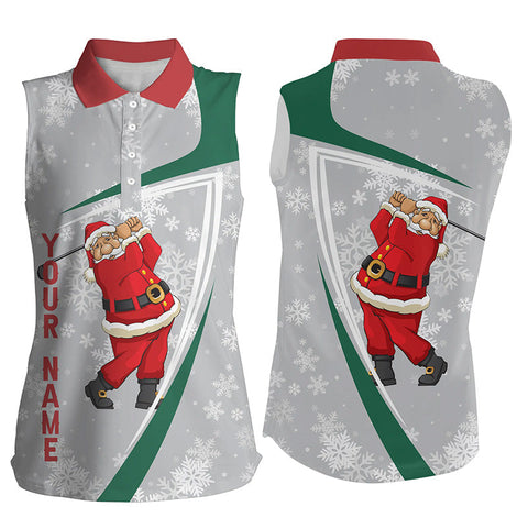 Custom Womens Sleeveless Polo Shirt Santa Playing Golf Christmas Snowflake Grey Funny Women Golf Tops LDT0942