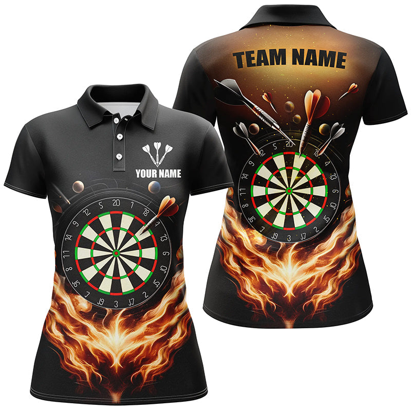Black Orange Fire Flame Womens Darts Polo Shirt Custom Darts Shirt For Women Dart Jerseys LDT1372