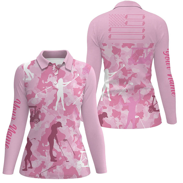 Golf Girl Camouflage Pattern American Flag Womens Golf Shirt Custom Name Polo Golf Shirt For Ladies LDT0014