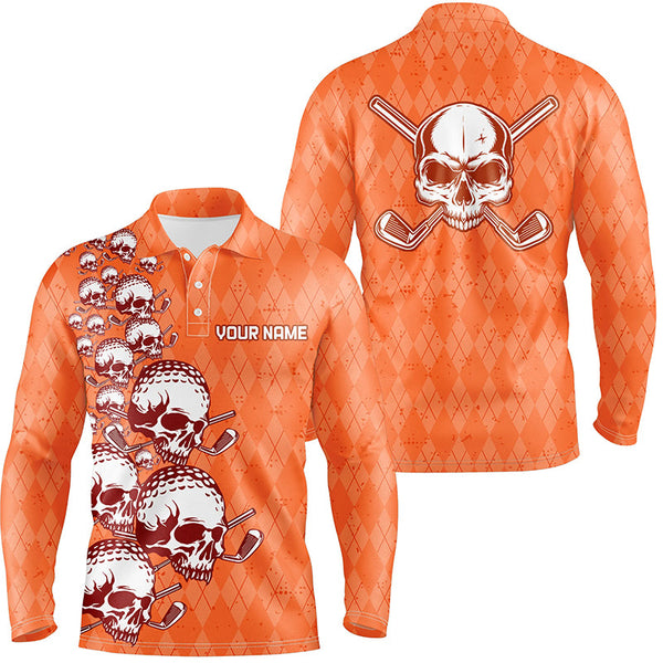 Elegant Orange Argyle Pattern Skull Mens Golf Polo Shirts Custom Halloween Golf Gifts For Men LDT0439