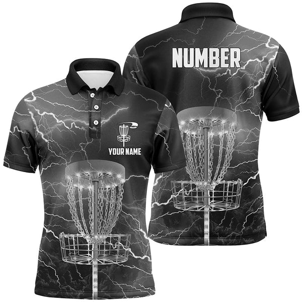 Thunder Lightning Black Grey Mens Disc Golf Polo Shirts Customized Disc Golf Shirts For Men LDT0486