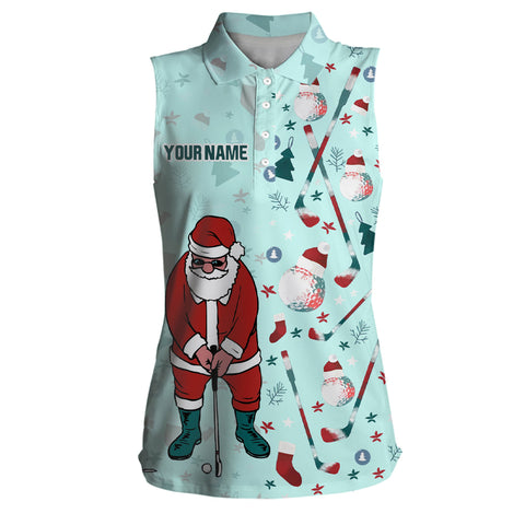 Christmas Golf Pattern Mint Womens Sleeveless Polo Shirt Santa Playing Golf Tops For Women Golf Gifts LDT1025