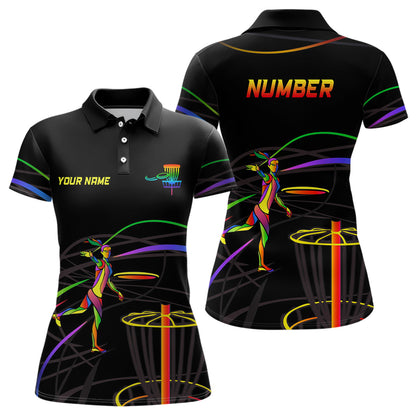 Rainbow Women Disc Golf Polo Shirt Custom Number Disc Golf Basket Personalized Disc Golf Tops LDT1014