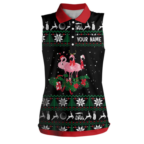 Christmas Flamingo Womens Sleeveless Polo Shirt Custom Golf Gifts For Women Personalized Golf Tops LDT1043