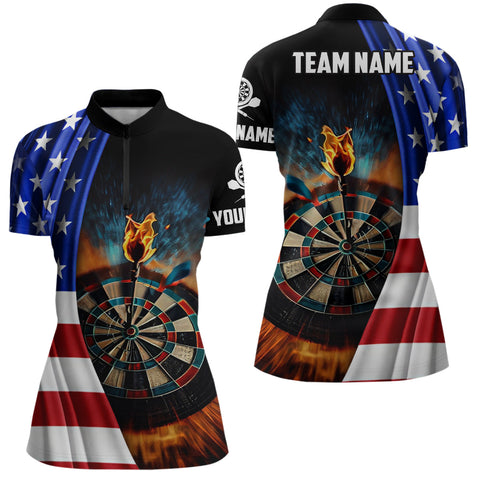 American Flag Womens Darts Quarter Zip Shirt Custom Fire Patriotic Darts Jersey For Women LDT1054