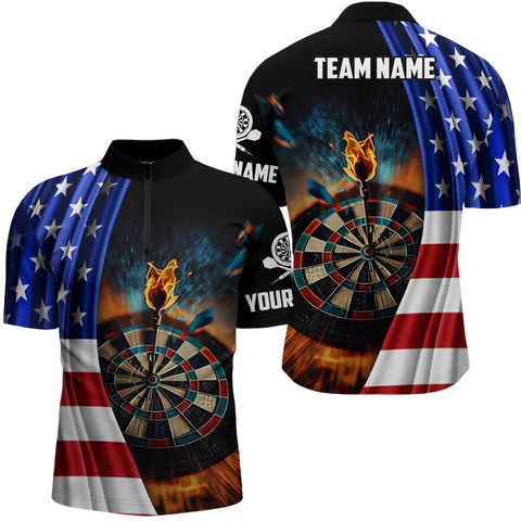 American Flag Dart Quarter Zip Shirt Custom Fire Patriotic Darts Shirt For Men Dart Jersey LDT1054