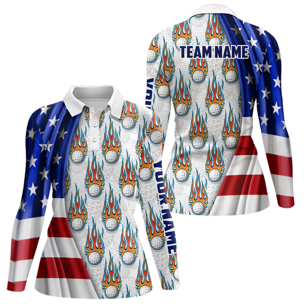 American Flag Fire Flame Women Golf Polo Shirt Custom Patriotic Golf Tops For Women Golf Gift LDT1055