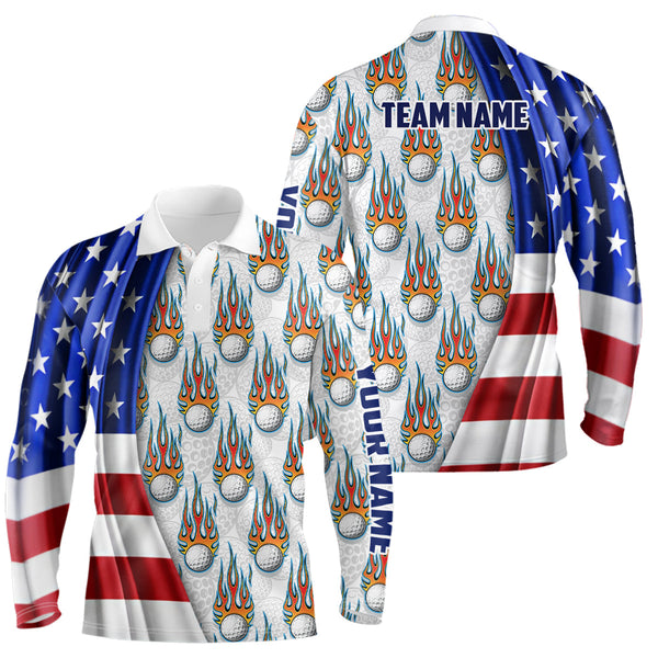 American Flag Fire Flame Mens Golf Polo Shirt Custom Patriotic Golf Tops For Men Golf Gifts LDT1055