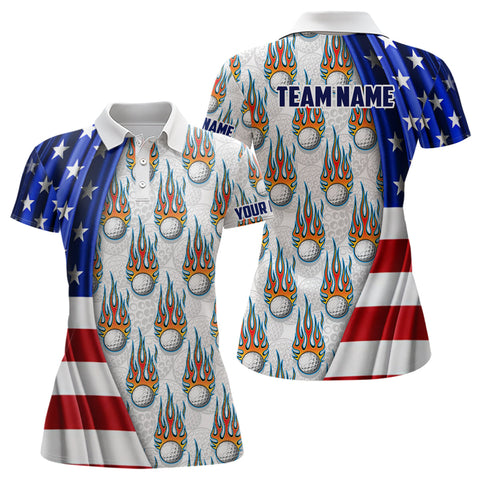 American Flag Fire Flame Women Golf Polo Shirt Custom Patriotic Golf Tops For Women Golf Gift LDT1055