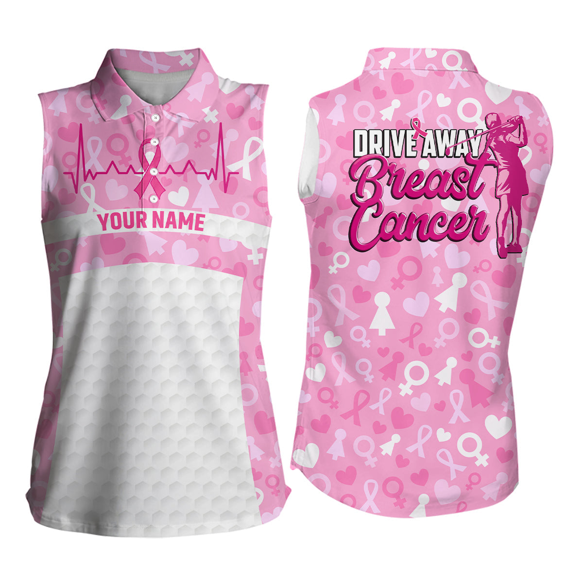Drive Away Breast Cancer Pink White Sleeveless Golf Shirt Heartbeat Ribbon Cute Golf Shirts For Women LDT0250