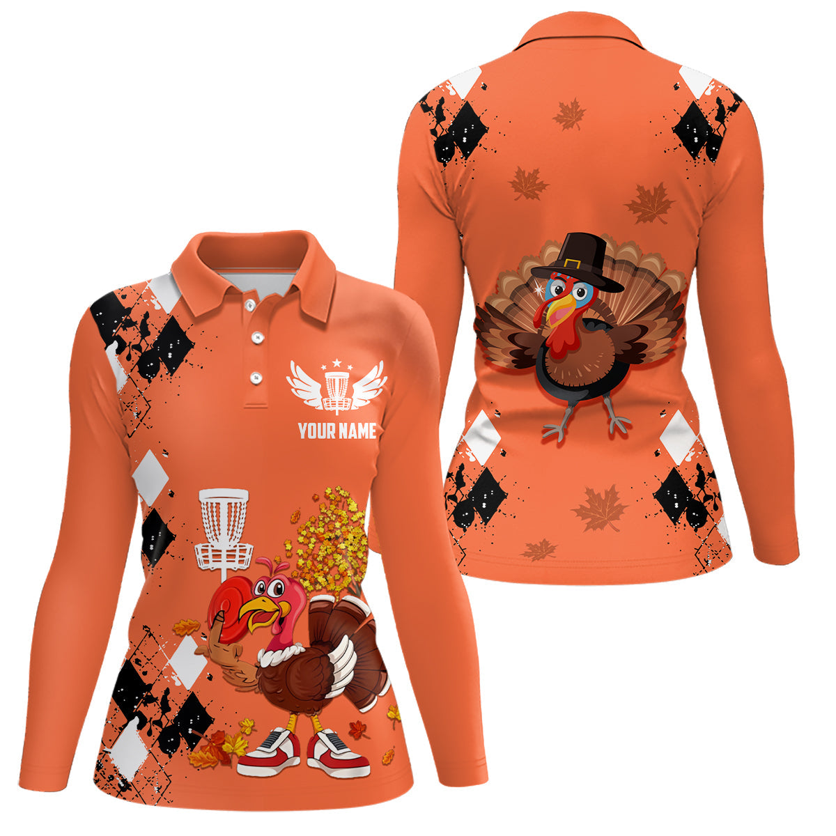 Turkey Bird Thanksgiving Disc Golf Polo Shirt Argyle Orange Custom Disc Golf Shirts For Women LDT0872
