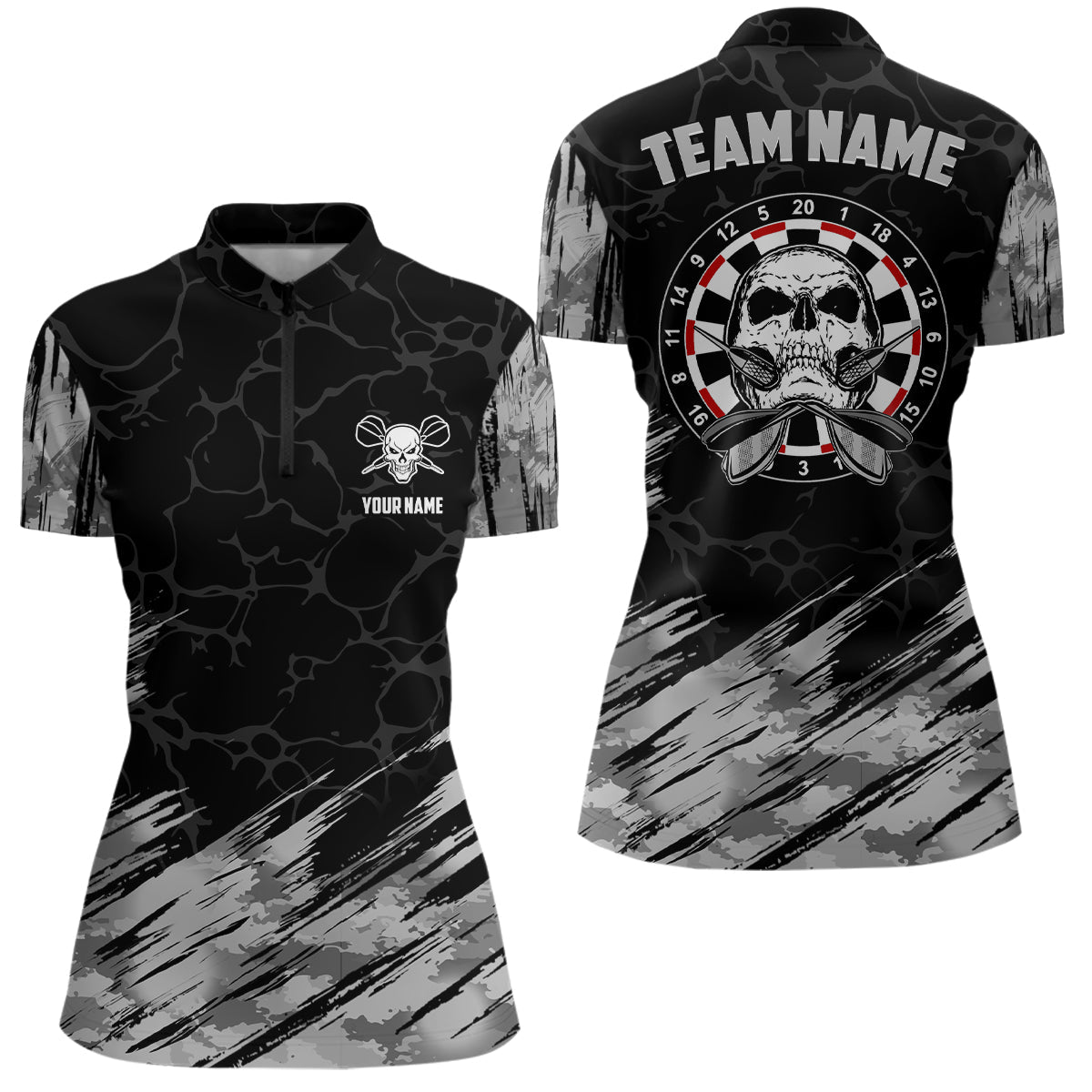 Personalized All Over Print Skull Darts Quarter Zip Shirt Grey Black Dart Jersey For Women LDT1077