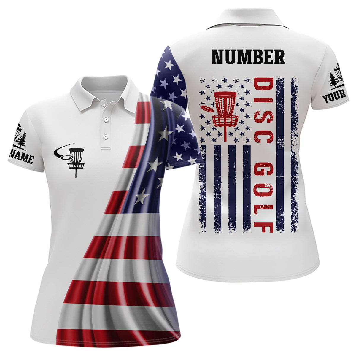 American Flag Womens Disc Golf Polo Shirt Custom Patriotic Disc Golf Tops For Women Golf Gift LDT1073
