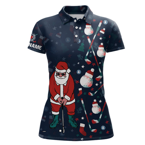 Christmas Golf Pattern Navy Polo Shirt Santa Playing Golf Tops For Women Christmas Golf Gifts LDT0578