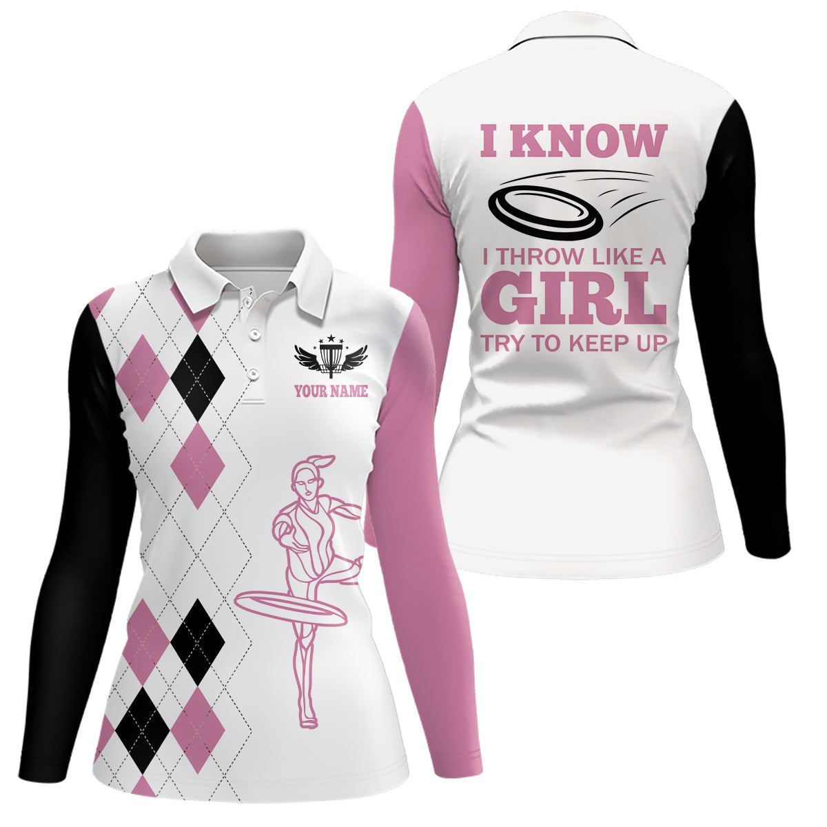 Black Pink Argyle Pattern Disc Golf Polo Shirts Custom Disc Golf Shirts For Women Golf Gifts LDT0910