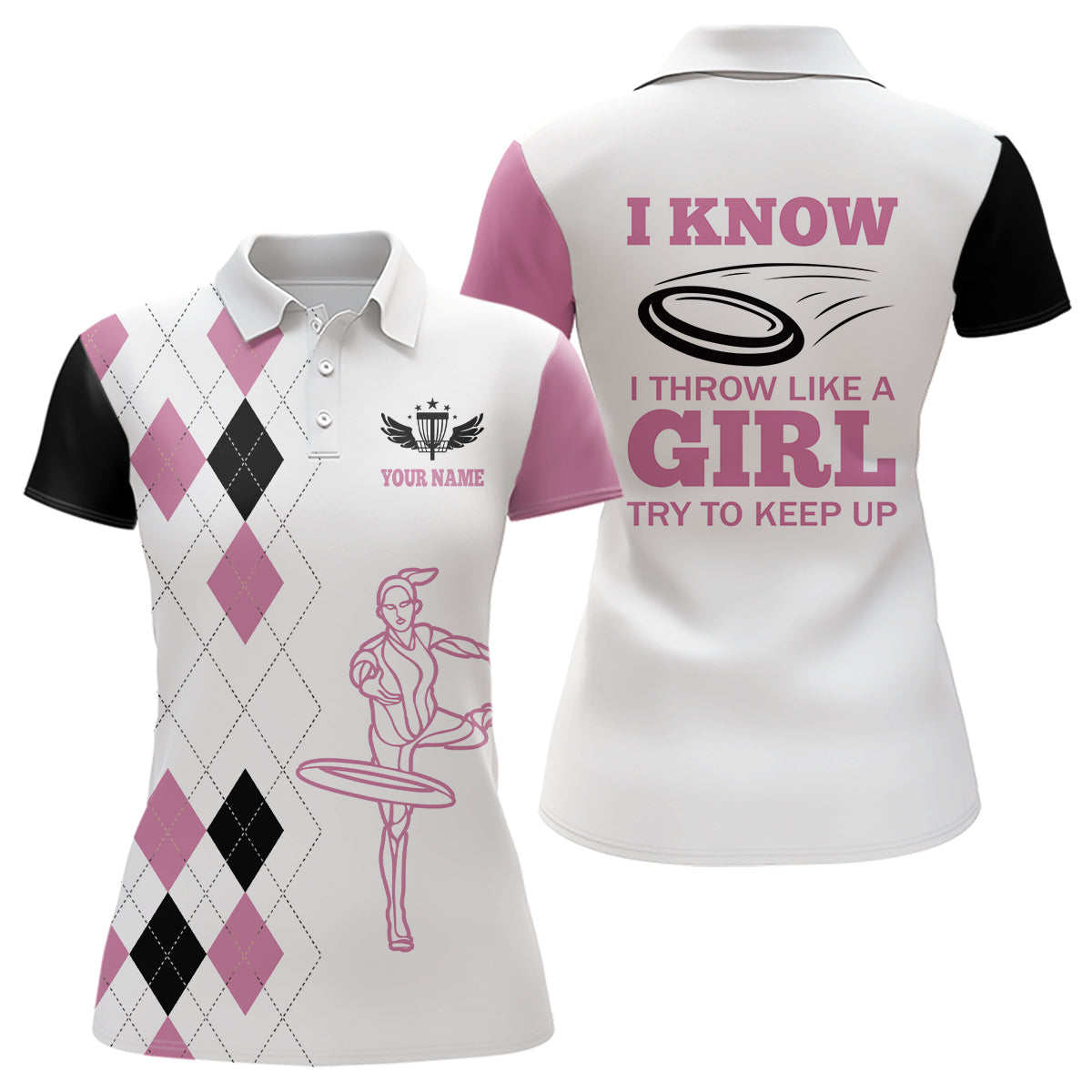 Black Pink Argyle Pattern Disc Golf Polo Shirts Custom Disc Golf Shirts For Women Golf Gifts LDT0910