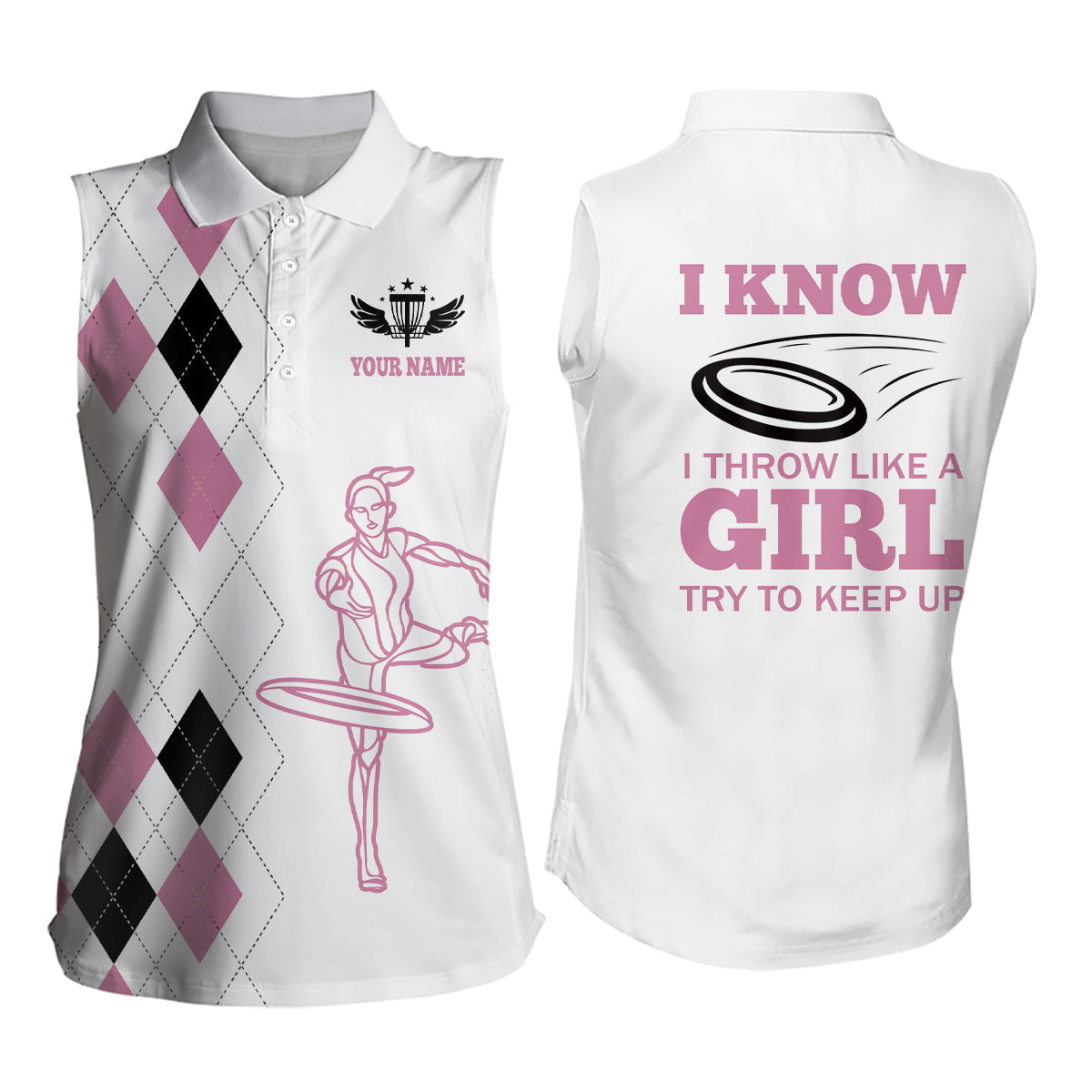 Black Pink Argyle Disc Golf Womens Sleeveless Polo Shirt Custom Disc Golf Shirts For Women Golf Gifts LDT0910