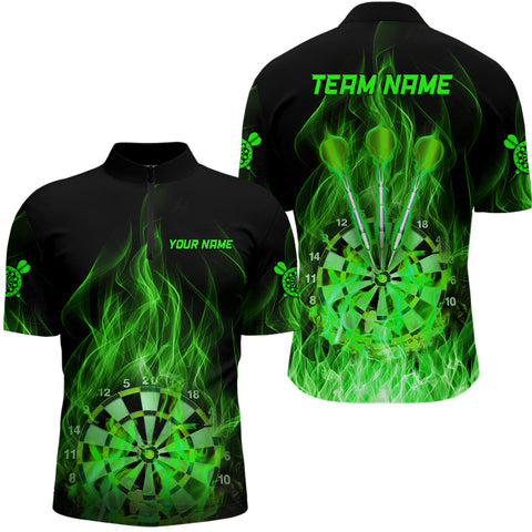 Green Fire Flame Mens Darts Quarter-zip Shirt Custom Dart Shirts For Men Dart Jerseys LDT1326