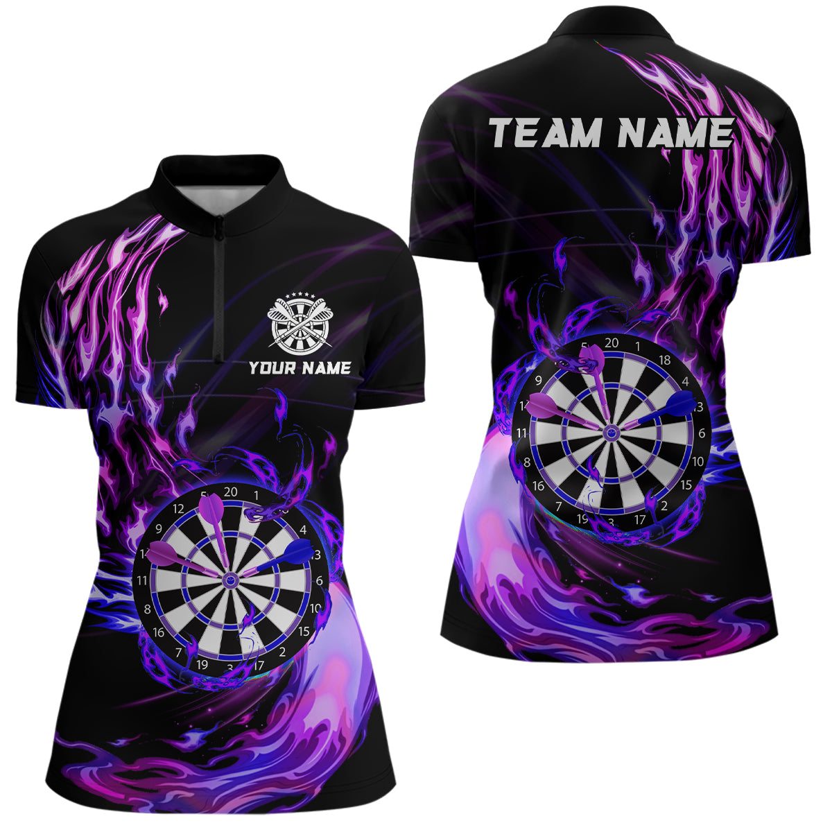 Purple Fire Dartboard Darts Quarter Zip Shirt Custom Darts Shirt For Women Dart Jerseys LDT1474